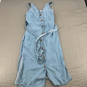 Lone Tree Light Blue Denim V-Neck Sleeveless Dress with Drawstring Waist